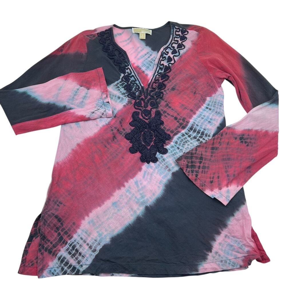 Michael Kors Boho Beach Red White Blue Tie Dye Americana Bell Sleeve Tunic Sz S